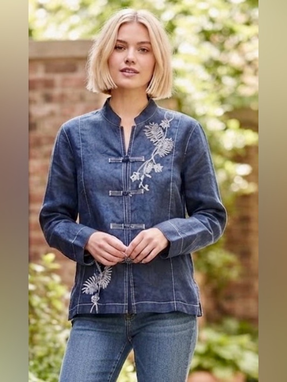 Sharon Anthony Vintage Blue Linen Embroidered Mandarin Collar Jacket Shirt M